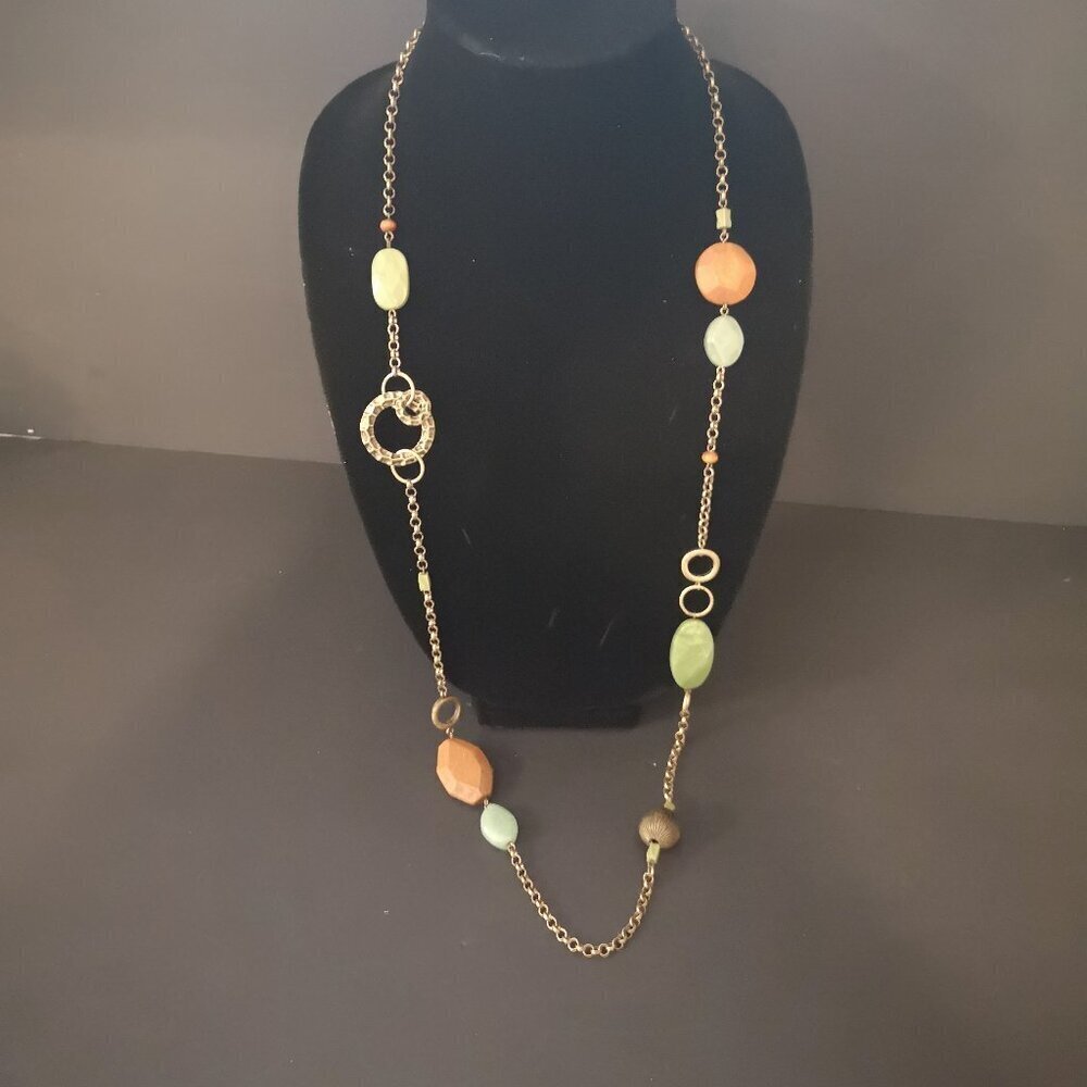 Lia Sophia Outback Necklace with Genuine Aventurine & Wood Brass Tone Chain